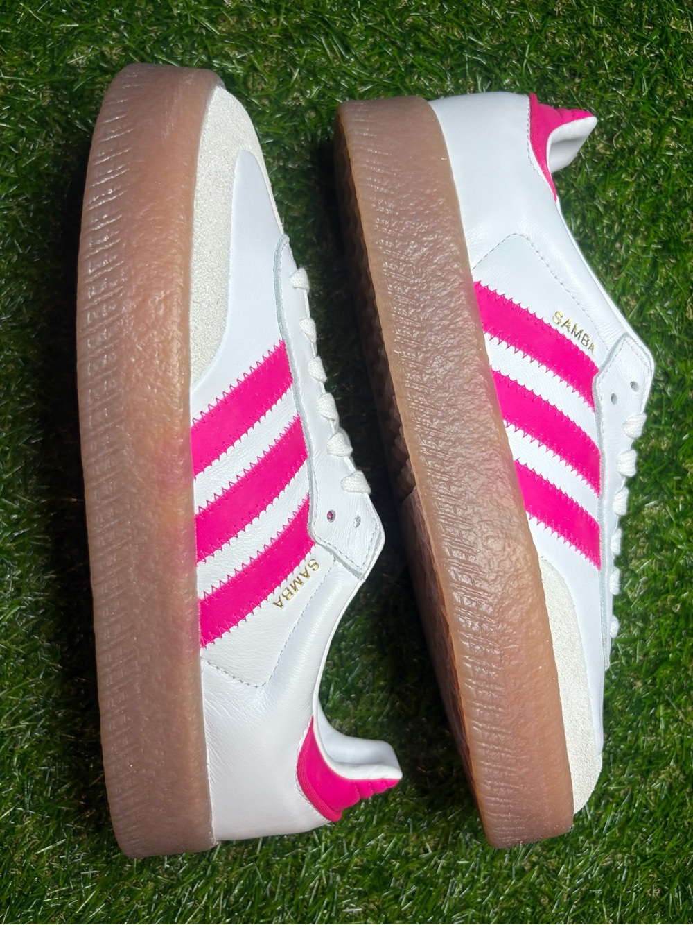 adidas Samba Shoes White & Hot Pink with tan bottom. 6.5 youth and women’s 7.5.